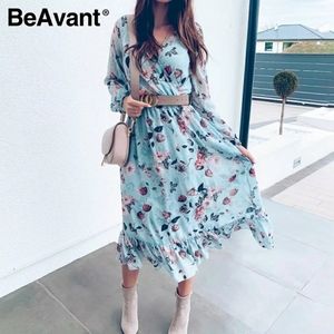 BeAvant Blue Long Sleeve Women Boho Dress Floral